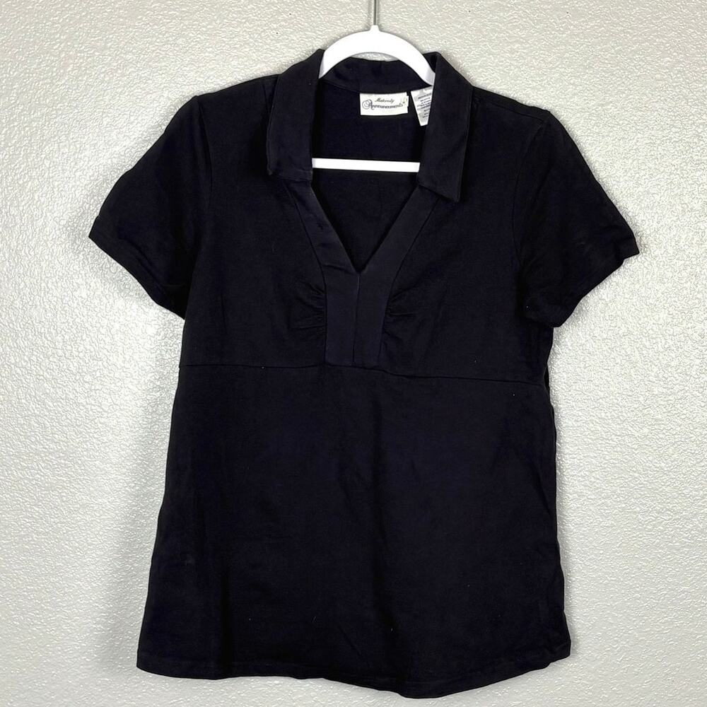 Maternity Announcements Size M 8/10 Black V-neck Collared Short Sleeve Blouse